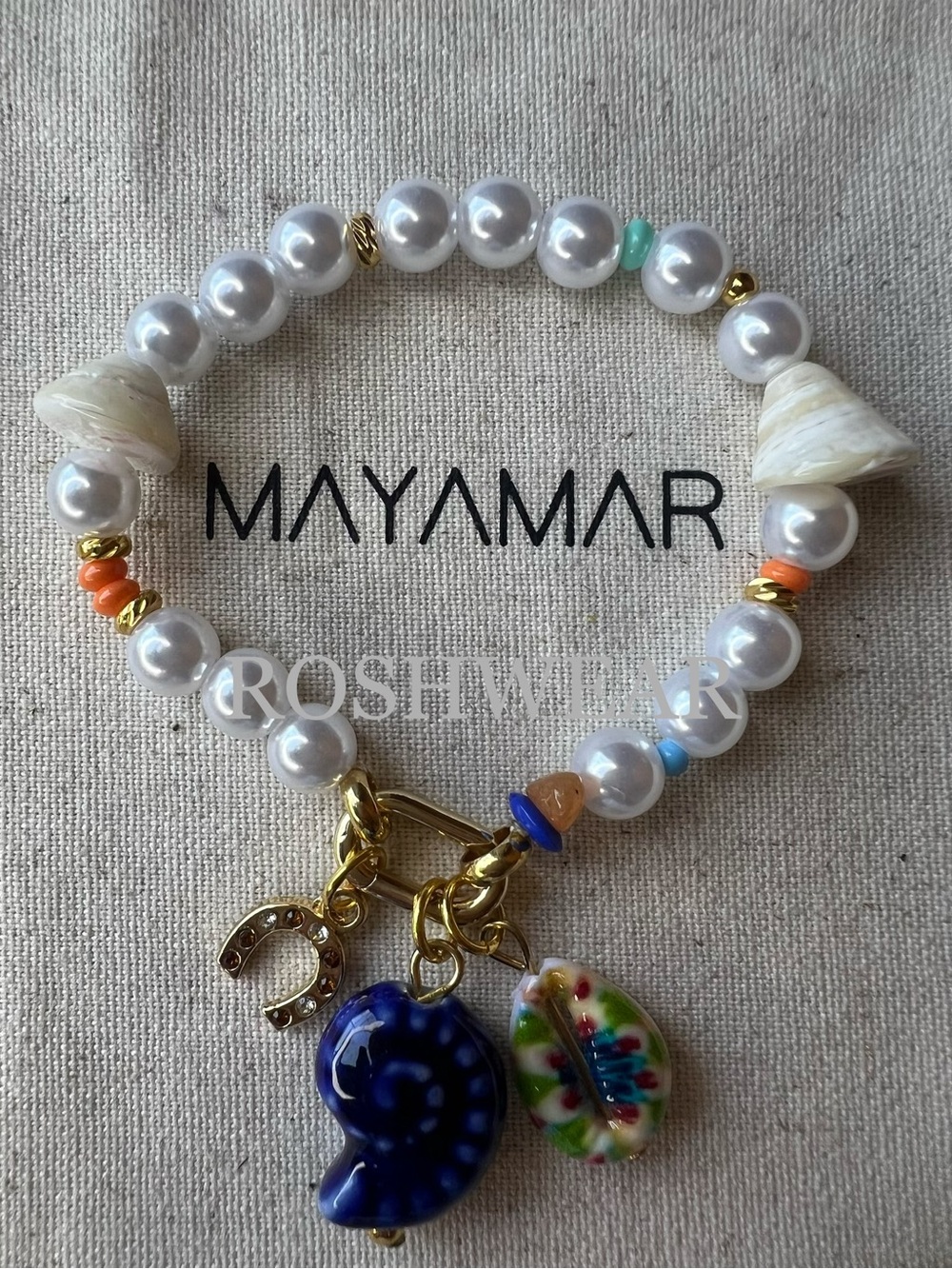 Carabiner White Pearl Bracelet with Colorful Shell and Horse Shoe Charms NWOT